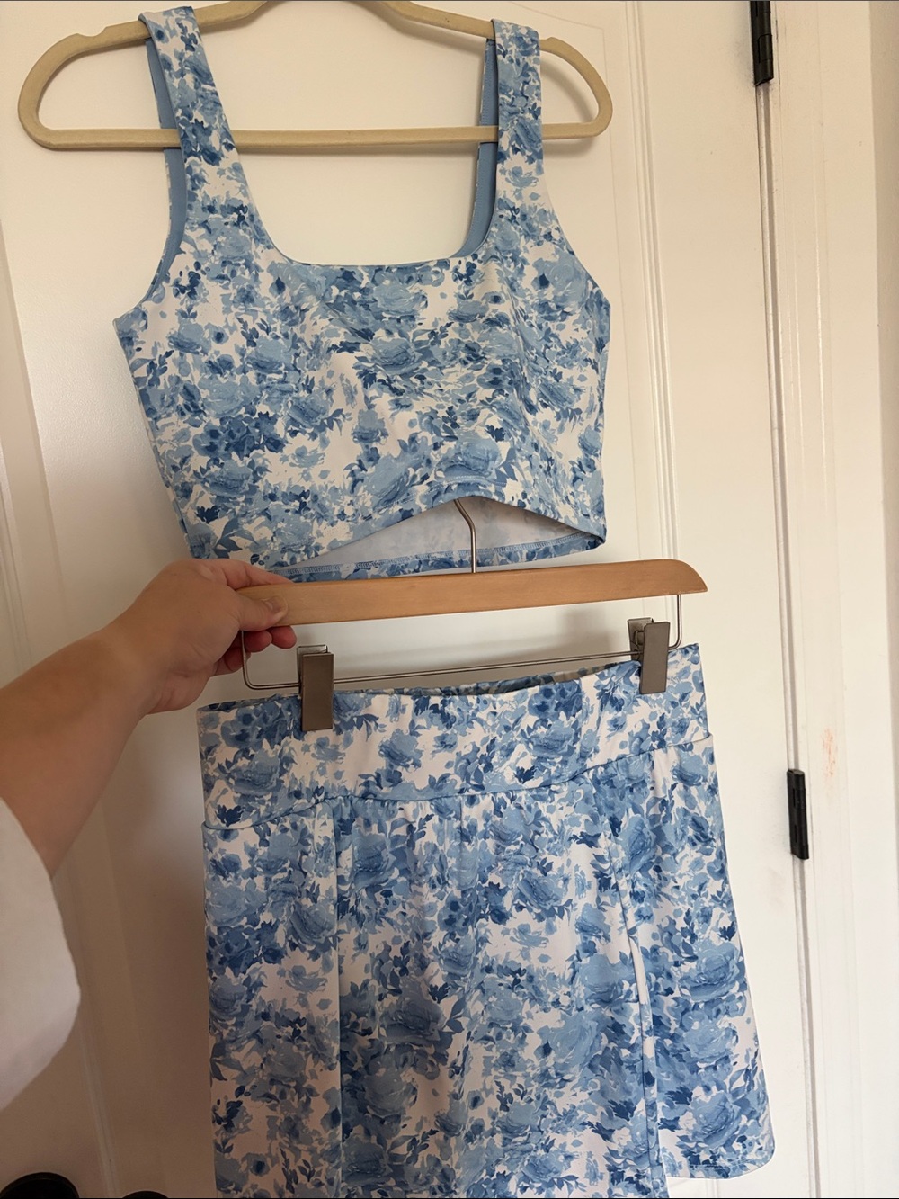 Shabby Chic Blue Floral Two-Piece Crop Top & Skirt Bathing Suit, 15 1/2 length